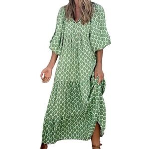 Womens Green Geometric Print Tiered Maxi Dress Button Front V Neck Size L EUC